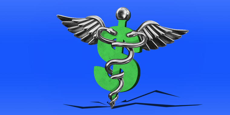 Photo illustration: A dollar symbol with wings and two serpents entwined along its vertical bar making a crack on the floor.