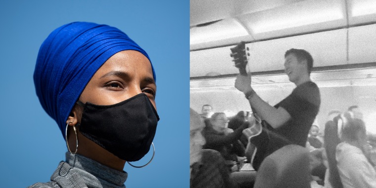 Photo composite with an image of Ilhan Omar and screenshot of a person playing a guitar on an airplane.
