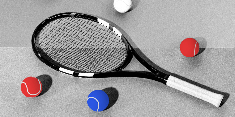 Photo illustration: A tennis racket lying on the floor with red, white and blue colored balls around it.