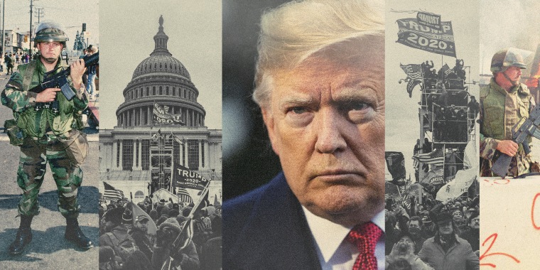 Photo illustration of former President Donald Trump, scenes from the Capitol riot on Jan. 6, 2021 and scenes of the National Guard during the Rodney King riots in 1992.