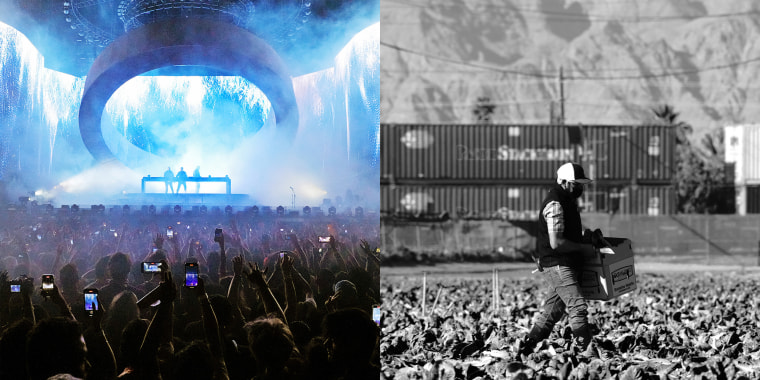 Diptych with an image of crowd cheering to a performance onstage at the Coachella Stage on the left and an image of a farmworker harvesting lettuce on a farm on the right.