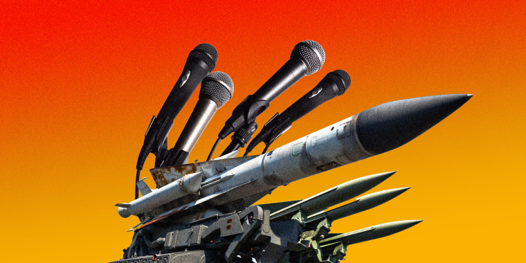 Photo illustration: Microphones emerging out of a set of missiles.