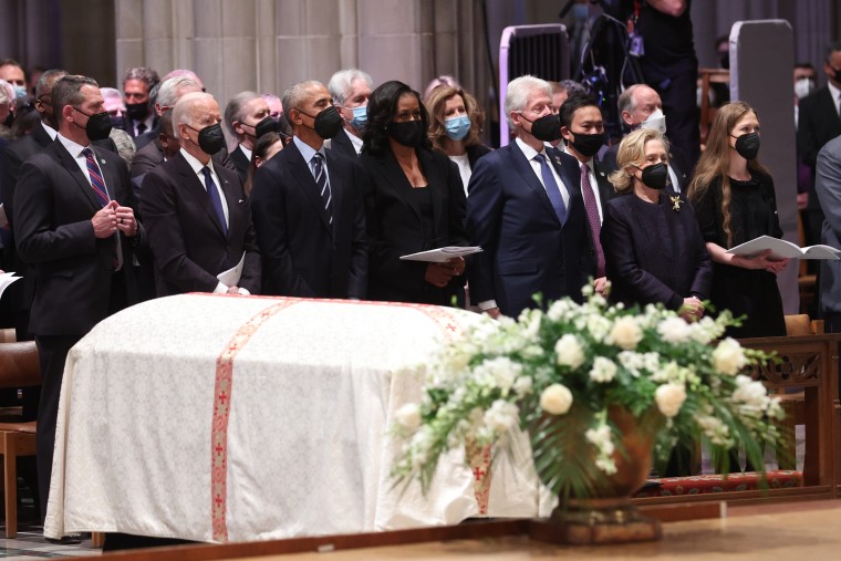 U.S. President Joe Biden, former U.S. President Barack Obama and former first lady Michelle Obama, former U.S. President Bill Clinton and his wife and former U.S. Secretary of State Hillary Clinton, and their daughter Chelsea Clinton attend the funeral se