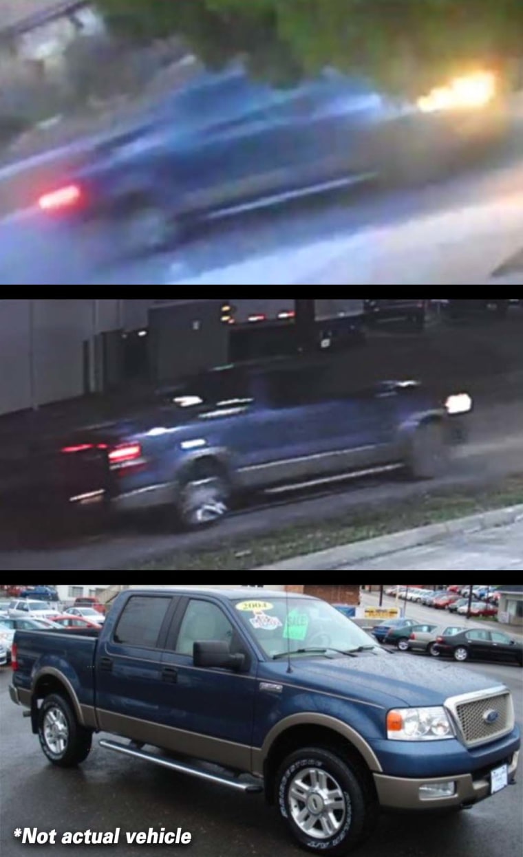 Vehicle of interest in the homicide investigation of Jared Bridegan. On the night of 02/16/22, between the hours of 5:30 p.m. and 8:30 p.m., the truck shown in the top two images was in the Jacksonville Beach area. The truck is believed to be a dark colored (likely blue) 2004 - 2008 Ford F150 (four doors) with running boards (possibly silver), brown trim and a silver toolbox. The bottom photo is not the actual vehicle.