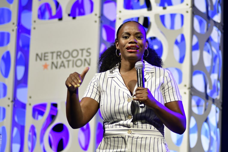 Pennsylvania Democratic Rep. Summer Lee speaks on stage during a keynote discussion of the Netroots Nation progressive grassroots convention in Philadelphia on July 13, 2019.
