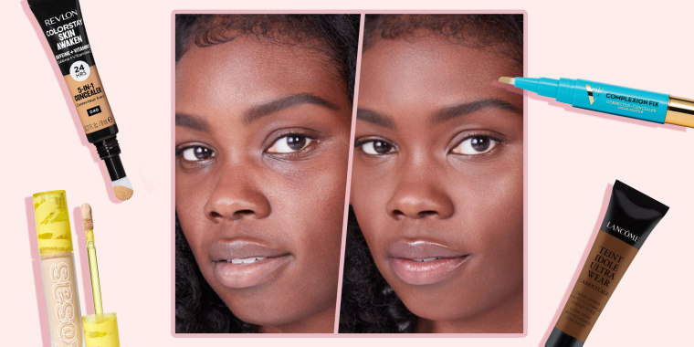 Illustration of a before and after using concealer and four different concealer