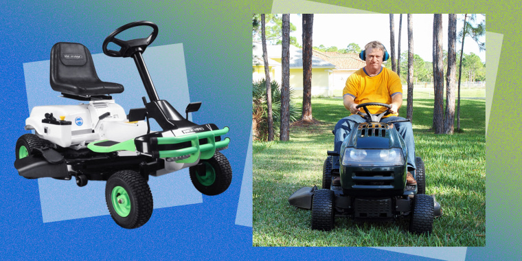 Illustration of the Weibang E-Rider 30in Riding Mower and a man mowing his lawn