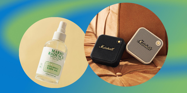 Illustration of the Mario Badescu Coconut Body Oil and the Marshall Emberton II and Willen portable speakers