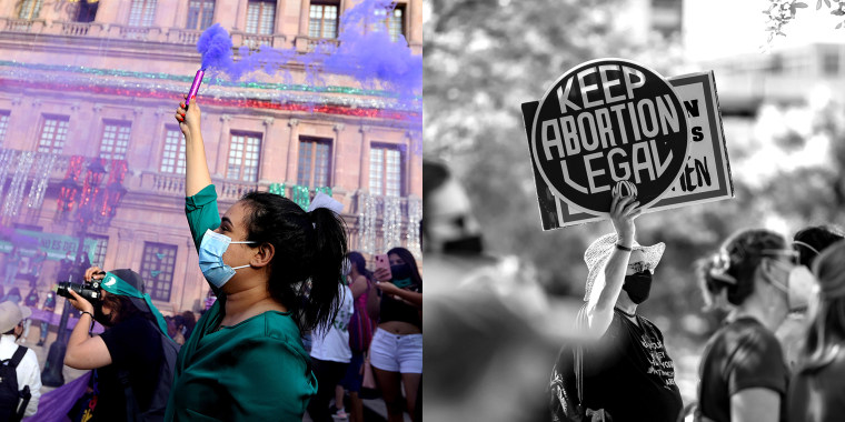 Photo diptych: An image of people celebrating on the left and the image on the right shows a person holding up a sign that reads,\"Keep abortion legal\" amidst a crowd of people.
