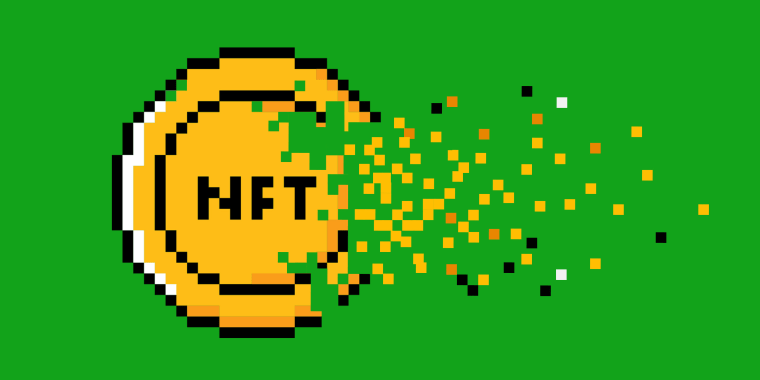 Illustration: A pixellated coin with the letters,\"NFT\" dispersing into smaller pixels.