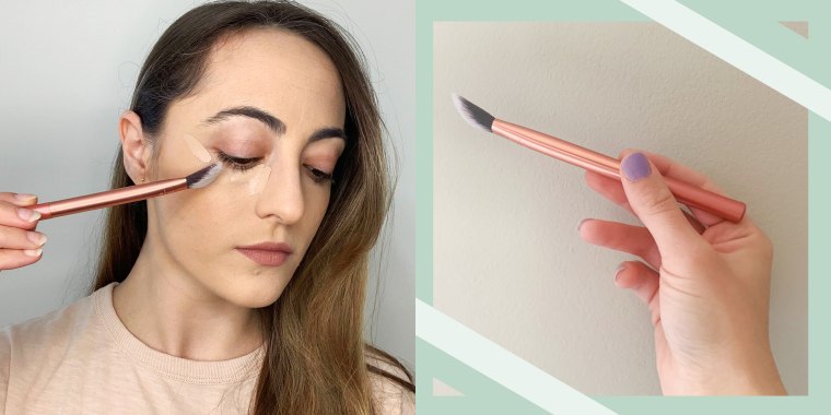 Two images of Danielle Murphy using a makeup brush