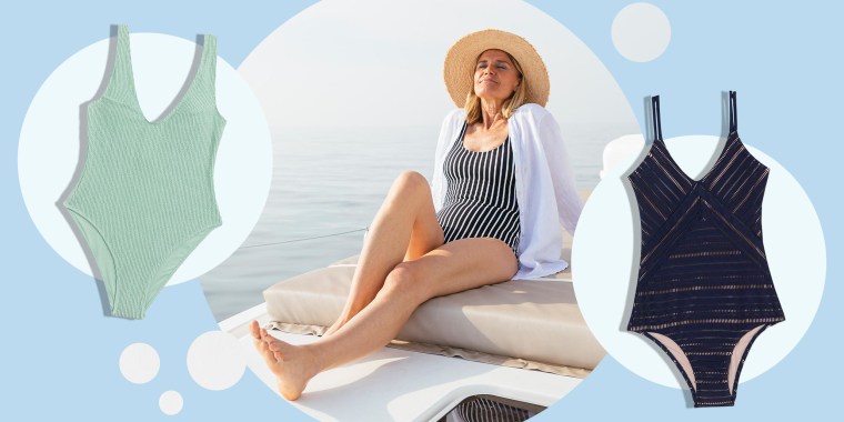 Mature woman relaxing on a catamaran, taking a sunbath and illustration of  two swimsuits