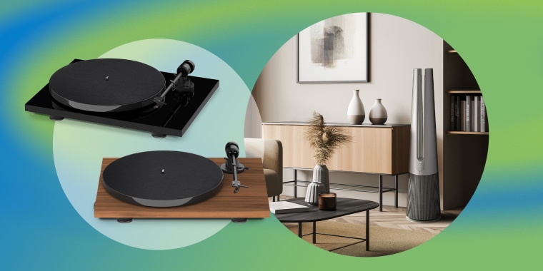 Black Pro-Ject E1 turntable and a lifestyle image of the new LG air purifying tower fan