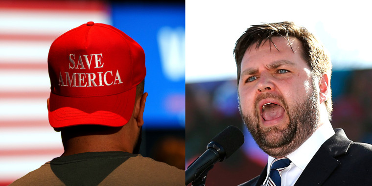 Photo diptych with images of a person wearing a red cap that reads,\"Save America\" and of J.D. Vance speaking at a rally.