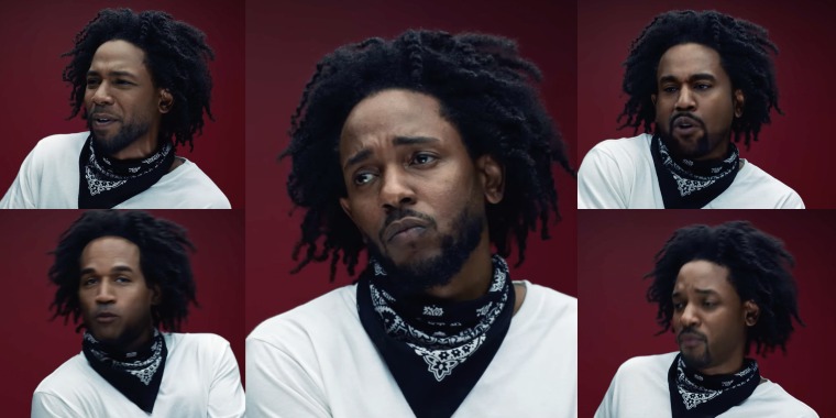 Photo collage with stills from Kendrick Lamar's video with him in the centre and him morphed as Jussie Smollett, O.J. Simpson, Ye, formerly Kanye West,  and Will Smith on either sides.