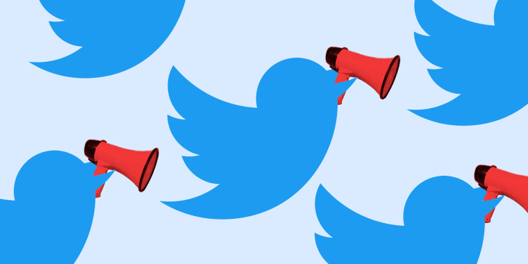 Photo illustration: Flying Twitter birds with tiny red megaphones in their beaks.