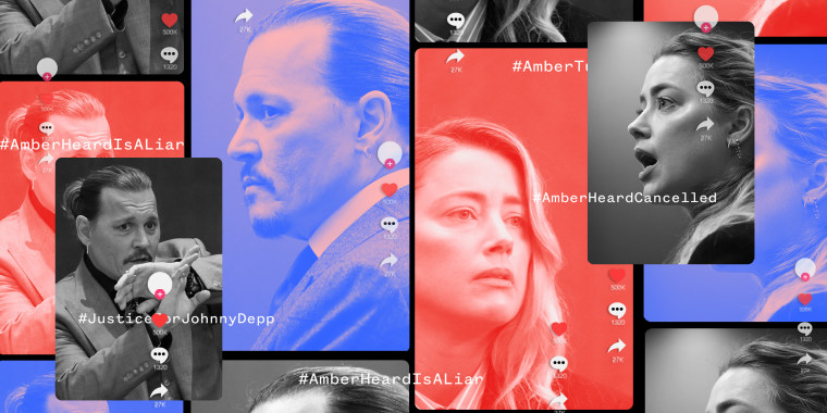 Photo illustration: Screens showing images of Johnny Depp and Amber Heard with buttons to like, share and comments. Text floating over the screens read,\"AmberHeardIsALiar\", \"JusticeForJohnnyDepp\" and\"AmberHeardIsCancelled\".