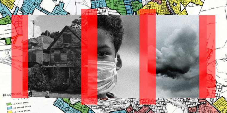 Photo illustration: Images of houses on a street, close up of a Black child wearing a mask and grey smoke against a background showing parts of a redlined housing map.