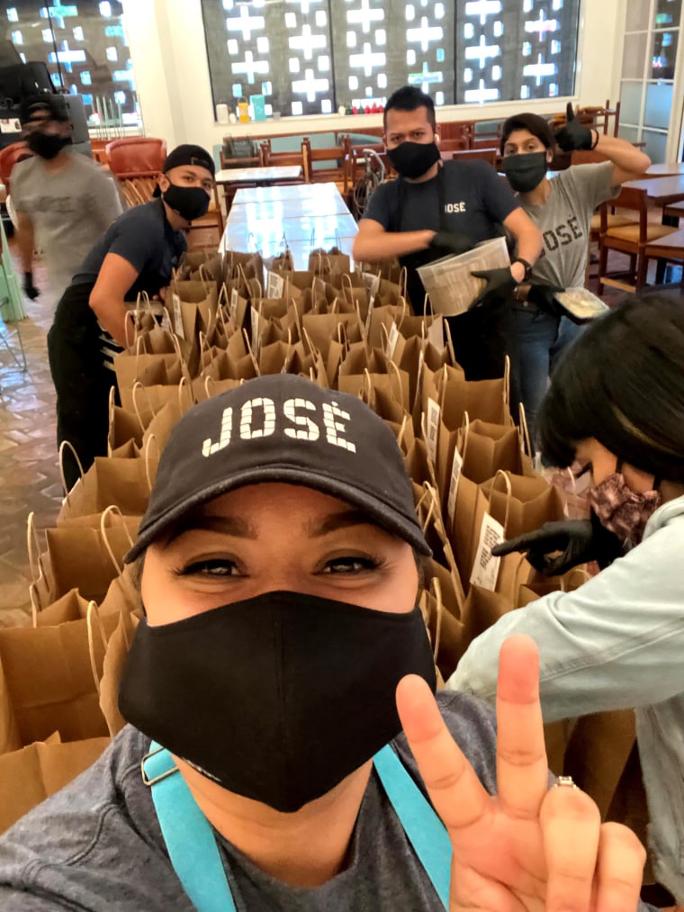 José restaurant staffers preparing lunch for front-line workers in Dallas, Texas.
