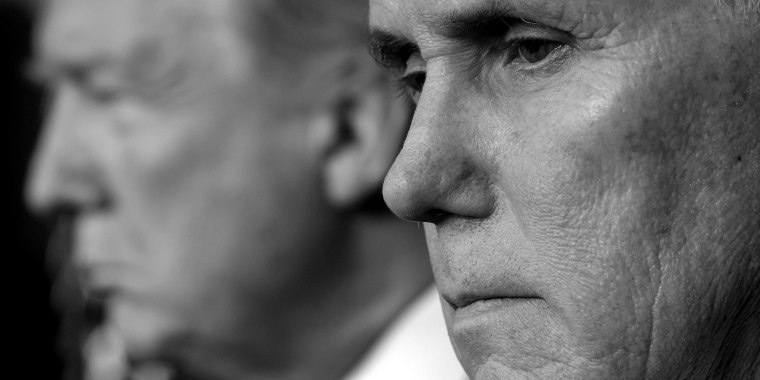 Image: A close-up shot of Mike Pence with Donald Trump in the background.