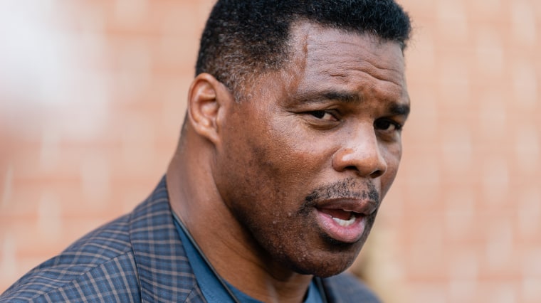 Herschel Walker speaks to members of the media after a campaign rally in Macon, Ga., on May 18.