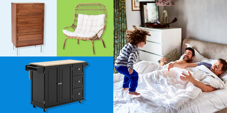 Illustration of a Gay couple waking up with young son jumping on bed, Wicker & Metal Patio Egg Chair, Gemini 5-Drawer Dresser and Dolly Madison Black Kitchen Cart with Natural Wood Top