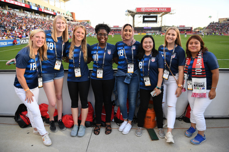 Kuhl designed the U.S. Soccer SheBelieves Online Academy and Internship Program in 2018. She's pictured (left) with the program's inaugural team of interns