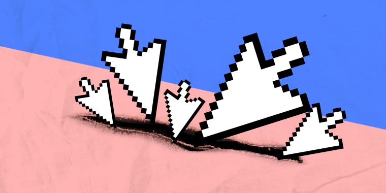 Photo illustration: Mouse cursors of different sizes ripping a pink and blue colored cloth.