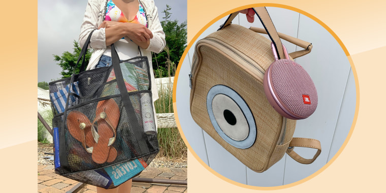Split image of someone holding a beach bag and a bag with a speaker