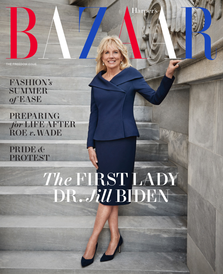 First Lady Jill Biden on the cover of Harper's Bazaar for their June-July issue.