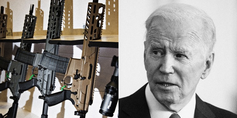 Photo illustration of rifles on display at a NRA convention and President Joe Biden.