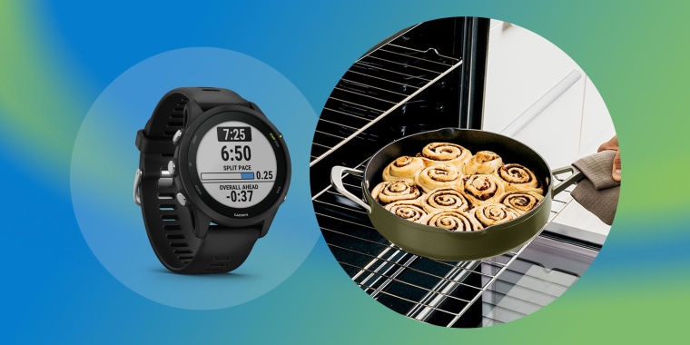 Illustration of a Garmin watch and a Ninja pan coming out for the oven