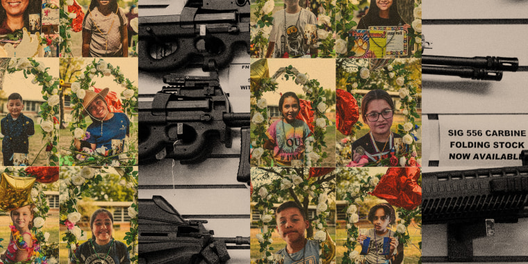 Photo illustration of the victims of the school shooting in Uvalde, Texas, and a display of semi-automatic weapons at a United States gun store.