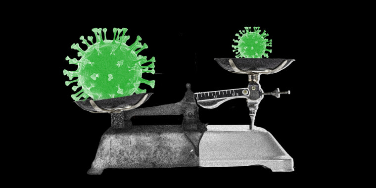 Photo illustration: A rusted half of a weighing scale is weighed down by a big Covid-19 spore while the shinier half holds a small Covid-19 spore.