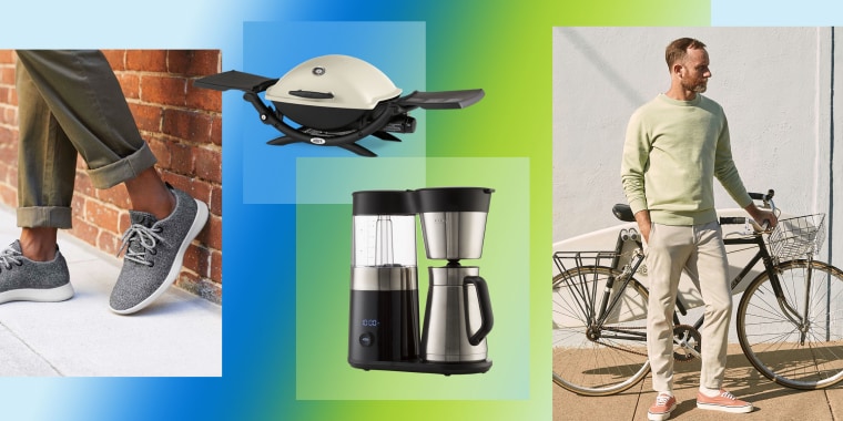Illustration of a man wearing Allbirds Wool Runners, the Weber Liquid Propane Portable Grill, OXO 9-Cup Coffee Maker and a man next to a bike wearing Everlane The Performance Chino