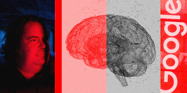Photo illustration showing Blake Lemoine, a wireframe brain and the Google logo.