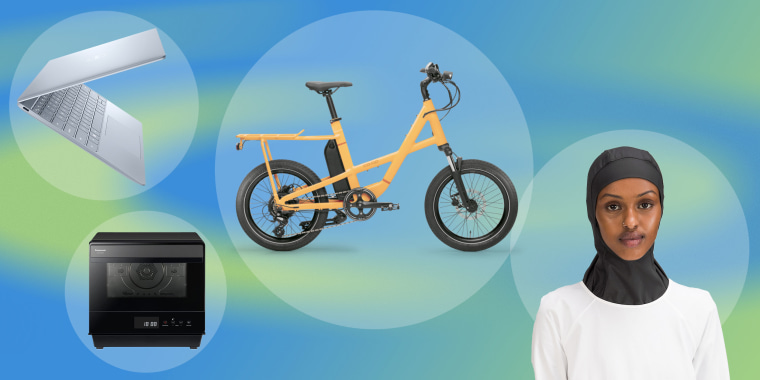 Woman wearing the Lululemon hijabs, Dell XPS 13 laptop, electric bike from REI in yellow and the HomeCHEF 7-in-1 Compact Oven