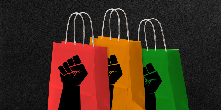 Photo illustration:Three red, yellow and green colored shopping bags with black colored fists on them.