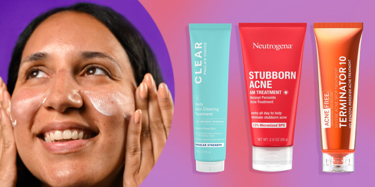 Illustration of three different products and someone rubbing cream on their face