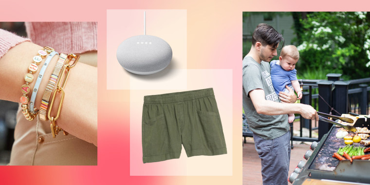 Illustration of a Baublebar bracelet, green shorts, google mini nest, and a Dad holding a baby while grilling