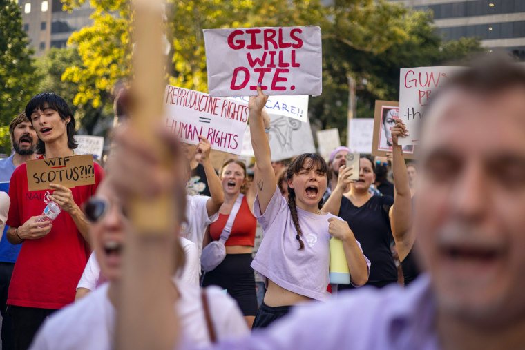Image: Abortion rights activists gather to protest in New Orleans on Friday, June 24, 2022. The Supreme Court on Friday overruled Roe v. Wade, eliminating the constitutional right to abortion after almost 50 years. (Kathleen Flynn/The New York Times)