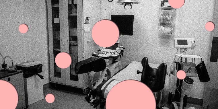 Photo illustration: Pink colored empty dots on a black and white image of an empty exam room.