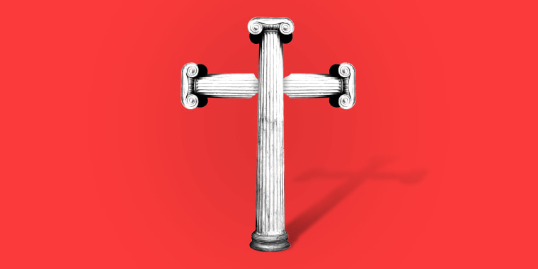 Photo illustration: A cross made of Greek architectural columns stands on a red background.