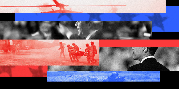 Photo illustration: Strips of red, blue and black white interspersed with each other with images of George W. Bush waving to the crowd, Obama speaking and of a soldier being rushed to a medivan.
