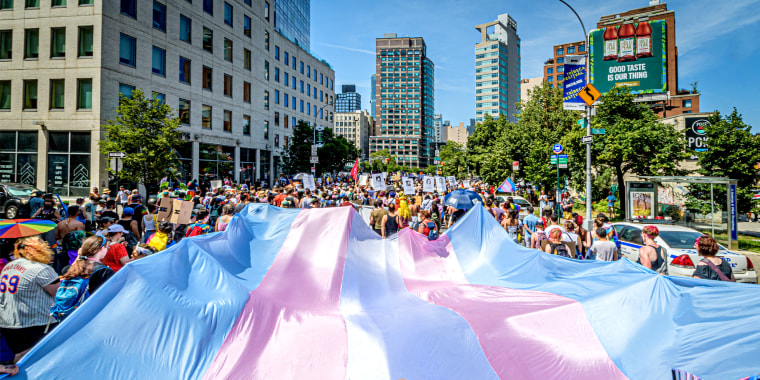 Image: A giant Trans flag at a Queer Liberation march.