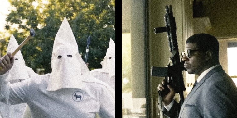 Photo composite with stills showing people wearing white Klan hoods and an image of Jerone Davison holding a rifle.
