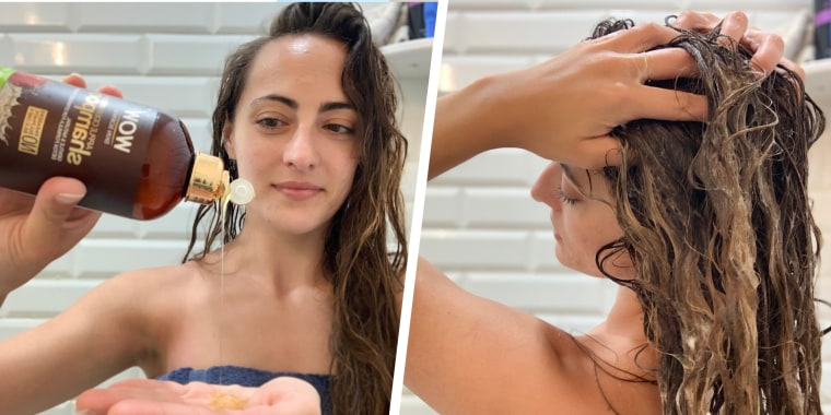 Split image of someone putting product in their hair