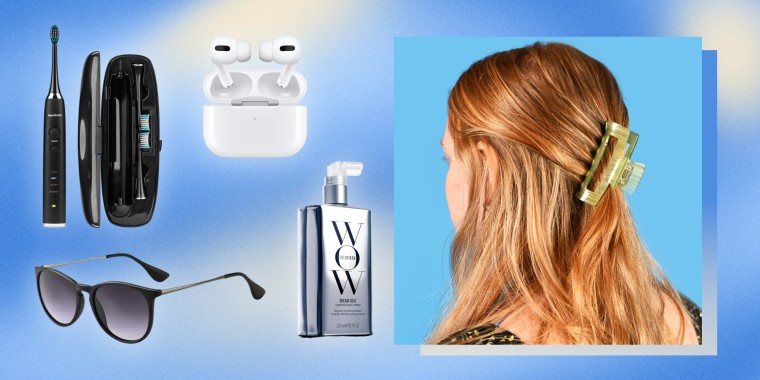 Illustration of a Woman with a clip in her hair and different bestselling products from Amazon Prime Day, Day 1