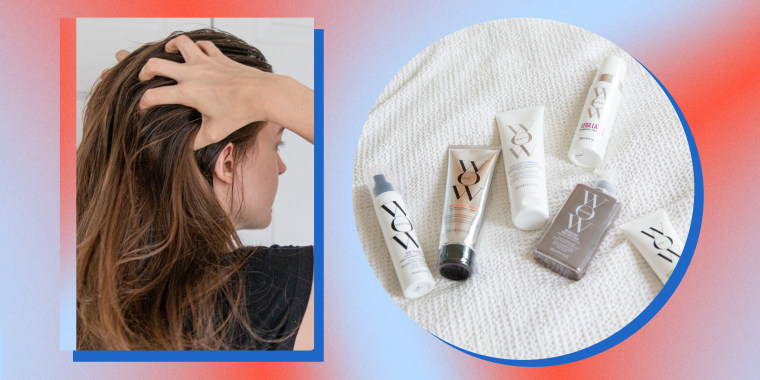 Split image of someone touching their hair and ColorWow products