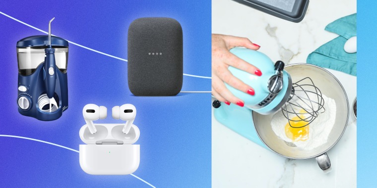 Illustration of a Kitchen Aid, Apple AirPods Pro's, Google Speaker and a Waterpik